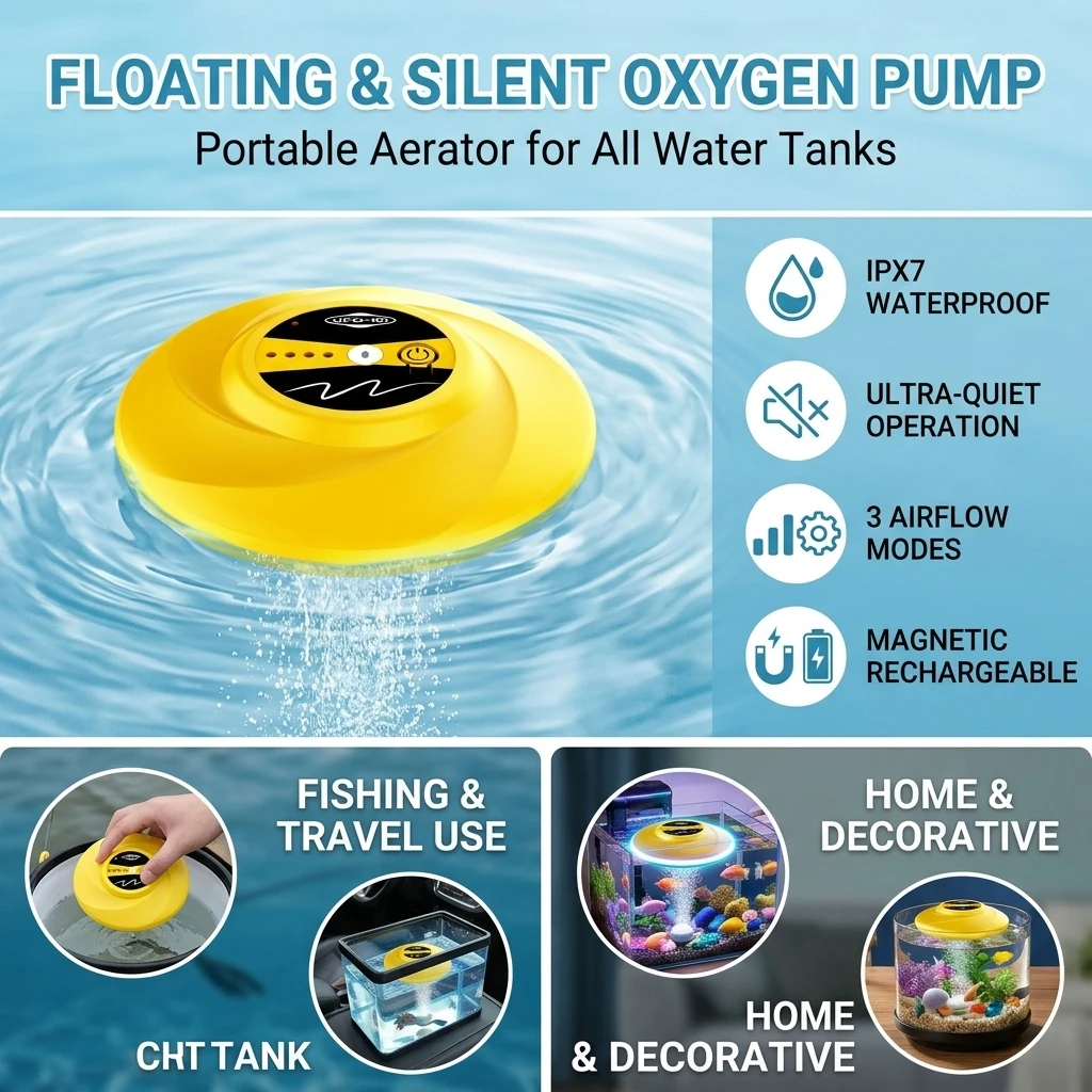 Floating Oxygen Pump Silent Air Pump for Fishing Portable USB Rechargeable UFO Fish Aerator Waterproof ABS Durable Gear