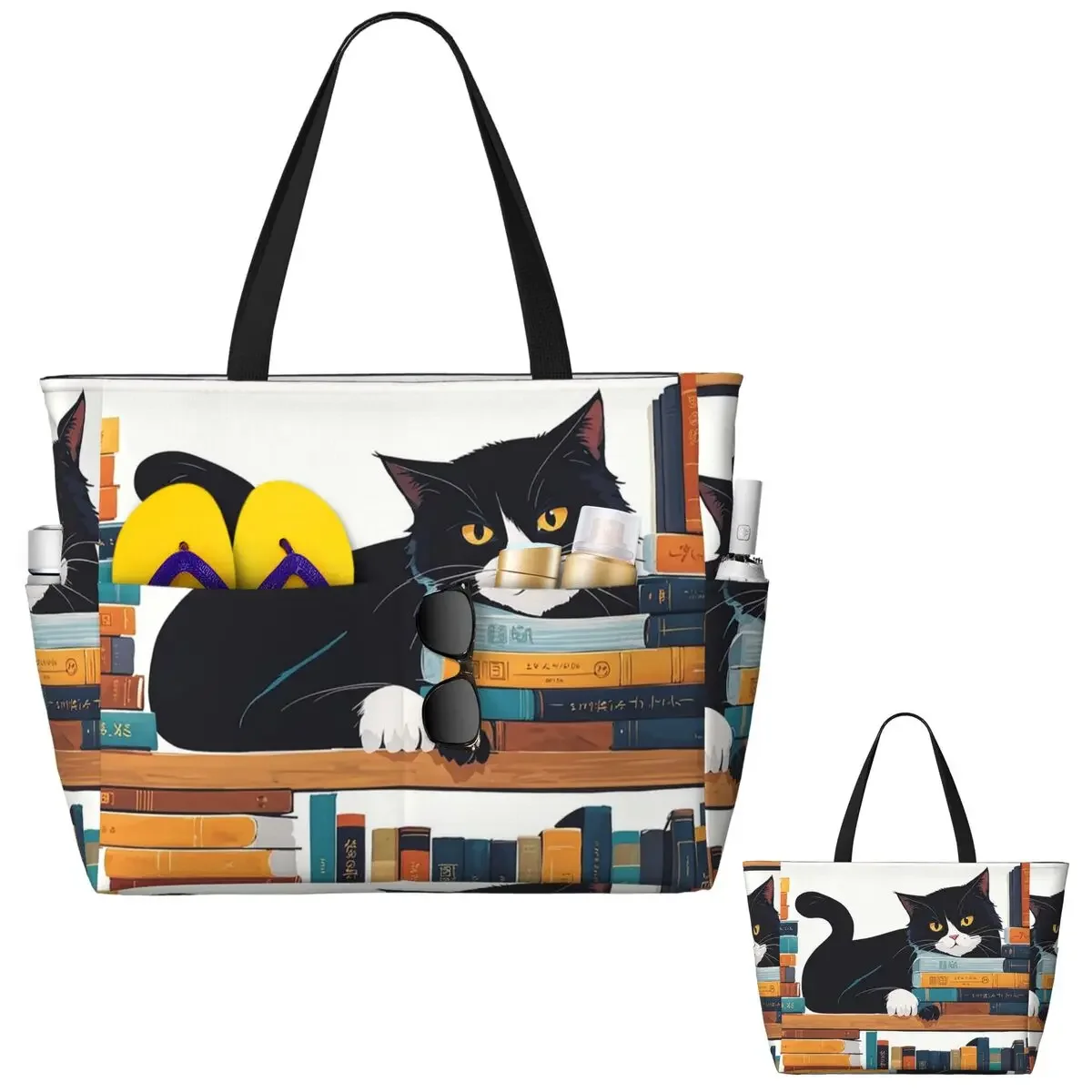 

Cute Tuxedo Cat And Bookstore Beach Tote Bag Sport Gym Yoga Duffle Large Tote Bag Women Travel Bag Fitness bag