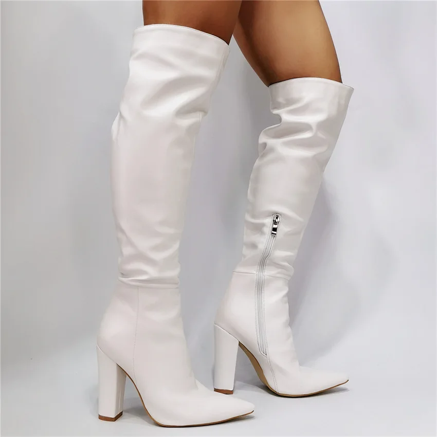 

Winter Stylish Women Over-the-Knee Boots Punk Style Square High Heel Zipper Shoes Motorcycle Pointed Toe Ladies Long Booties