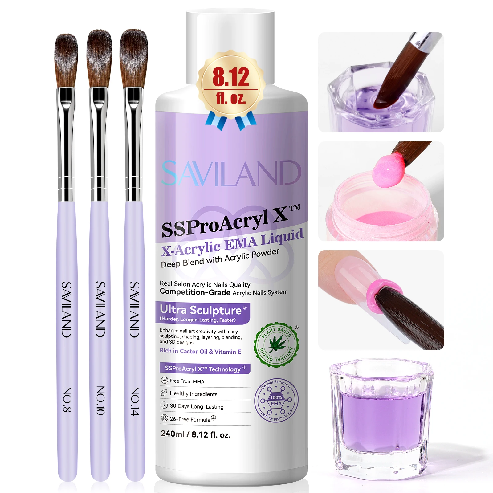 

SAVILAND 8oz EMA Monomer Acrylic Nail Liquid with 3 Brushes Dappen Dish for Professional Studio Beginners DIY Home Nail Art