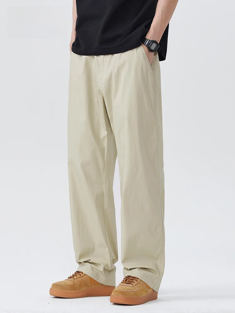 

JFU Spring New American Retro Straight Leg Casual Pants Men Loose Large Size Elastic Waist Dra Long Trousers