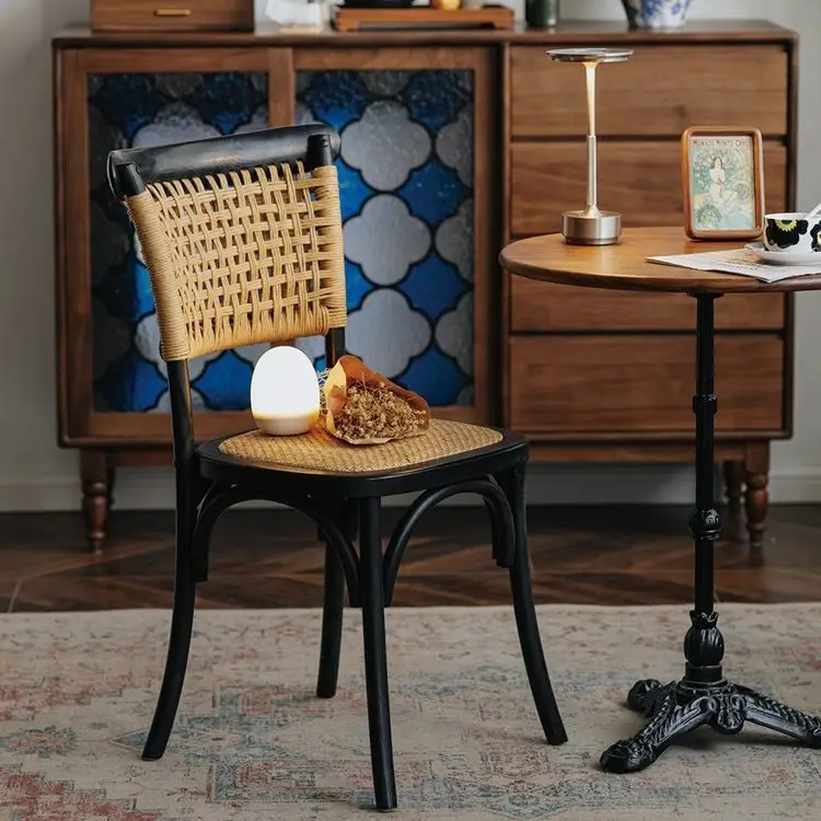 ee-Retro Solid Wood Dining Chair Creative Rural Rattan Chairs Restaurant Living Room Leisure Chair Home Bedroom Backrest Chairs