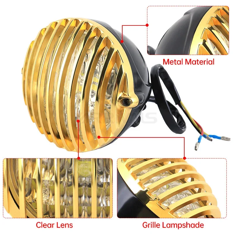 Motorcycle Vintage Old Bezel Grille Headlight Gold Front Lamp For Harley Honda Yamaha Suzuki Kawasaki Universal