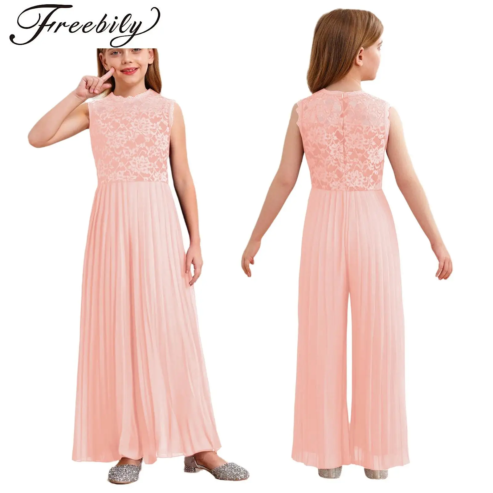 

Girls Elegant Floral Lace Gown Jumpsuit Ruffled Edge Leotard Summer Wedding Party Outfit High Waist Pleated Wide Leg Jumpsuit