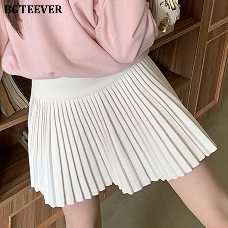 BGTEEVER Stylish High Waist Single Button Female Pleated Mini Skirts Autumn Winter Casual Loose Women Solid A-line Skirts