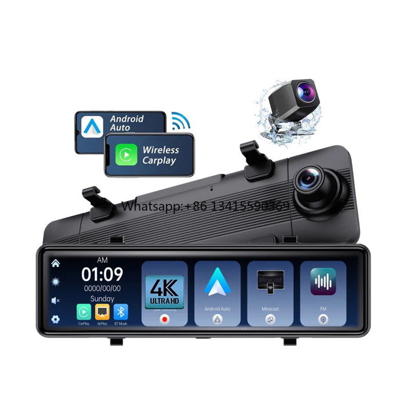 

12 Inch 4K HD Carplay Car Rearview Mirror Dash Cam With Reverse camer and Touchscreen Display