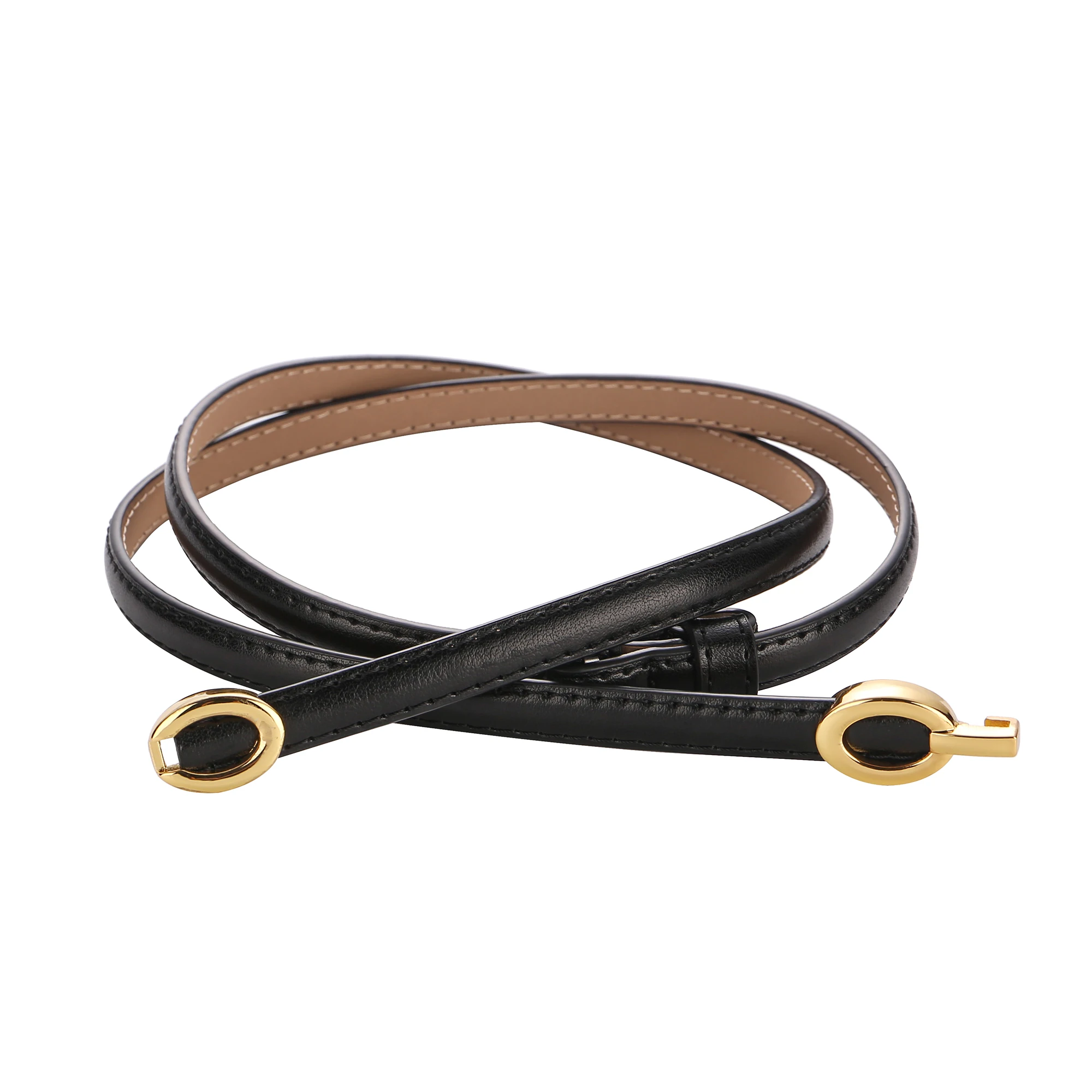 Women's Thin Leather Belt 1cm Gold Oval Snap Buckle Minimalist Business Belt for Suits Dresses Office Wear