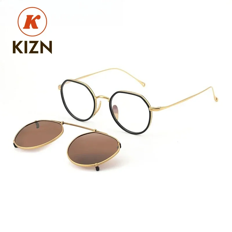 

KIZN Clip on Eyewear Pure Optical Frame High End Glasses Gentlemen Light Weight Titanium Sunglasses Round Optical Gafas Women
