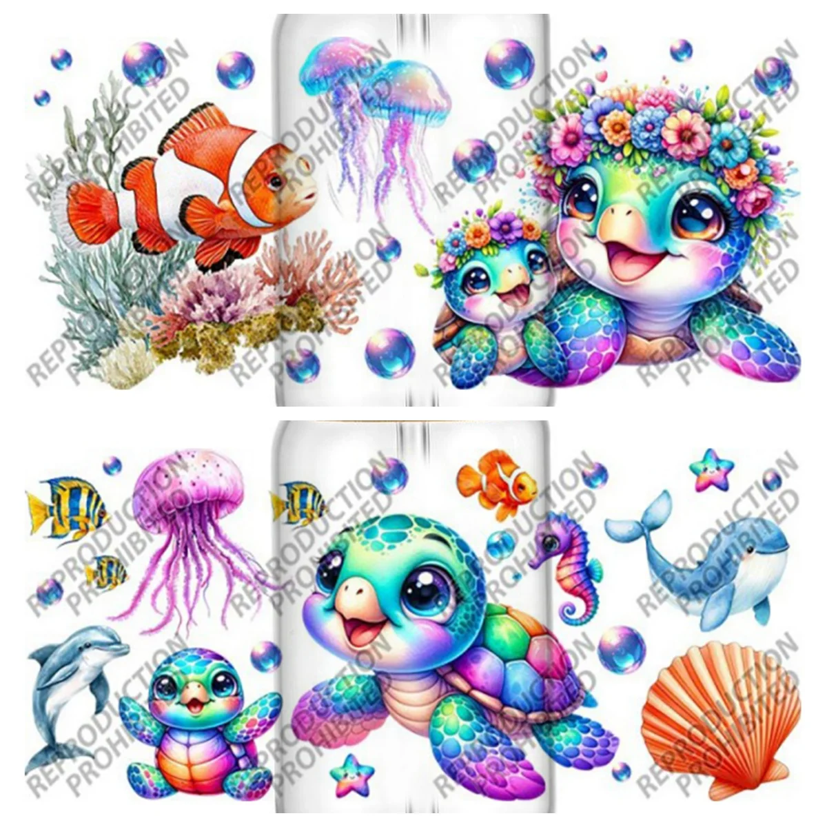 

New Design 3D Cute Color Cartoon Turtle Decal UV DTF Cup Wrap for 16oz Libbey Glasses Washable DIY Mug Ocean Transfer Sticker