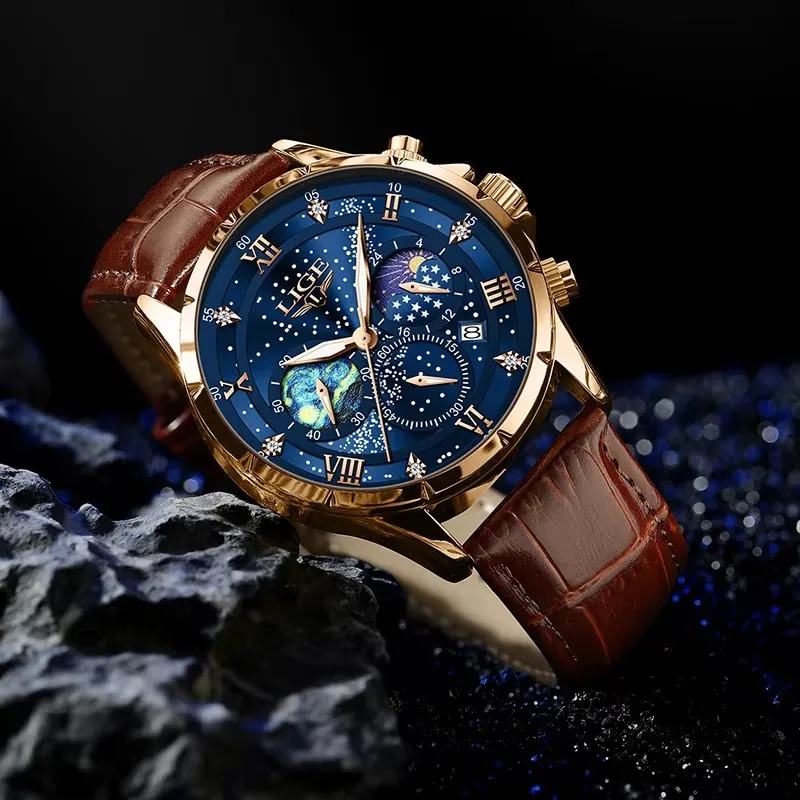 LIGE Orologio da uomo con quadrante notturno stellato creativo Orologio da polso da uomo al quarzo con fasi lunari super luminose Orologi da uomo in pelle da lavoro Data