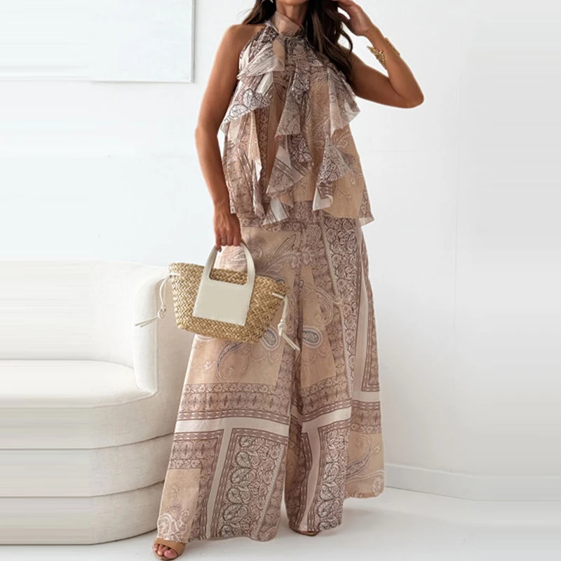 패션 패턴 프린트 여성 투피스 세트 섹시 홀터 러플 탑 풀오버 & 와이드 레그 팬츠 아웃핏 여름 슬리브리스 오피스 수트