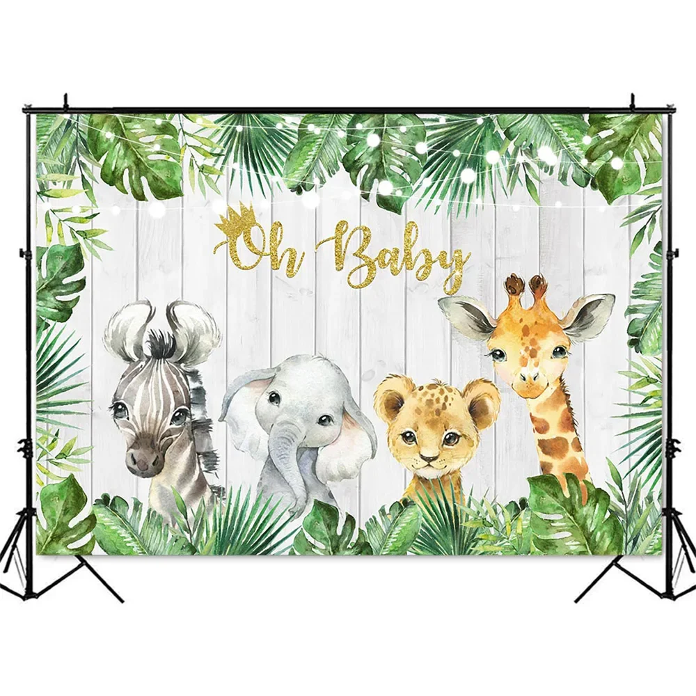 Oh Baby Backdrop Safari Jungle Theme Background for Newborn Kids Portrait Photo Backdrops Animals Green Leaves Photocall