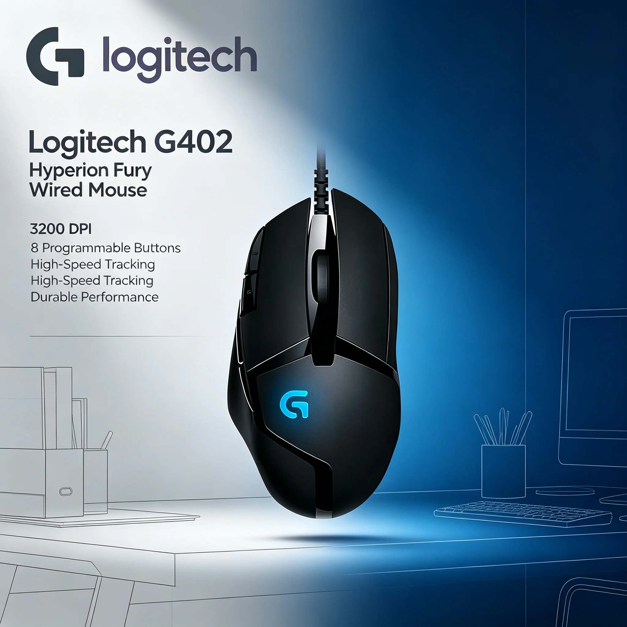 Logitech G402 Hyperion Fury USB Wired Gaming Mouse Macro Editing Function Comfort Hand Feeling For Long Hours Game Playing Gamer