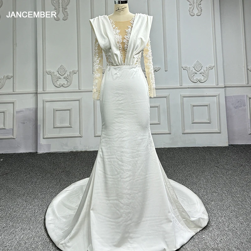 

Jancember Customization Gorgeous Wedding Dress 2024 Elegant Wedding Satin A-line Full Sleeves Zipper Vestido De Noiva DY6720