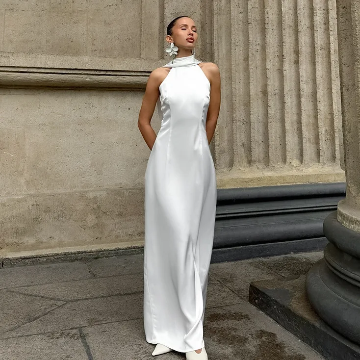 

Women's Elegant White Imitation Silk Halter Neck Sleeveless Bodycon Dress with Back Slit in European and American Style