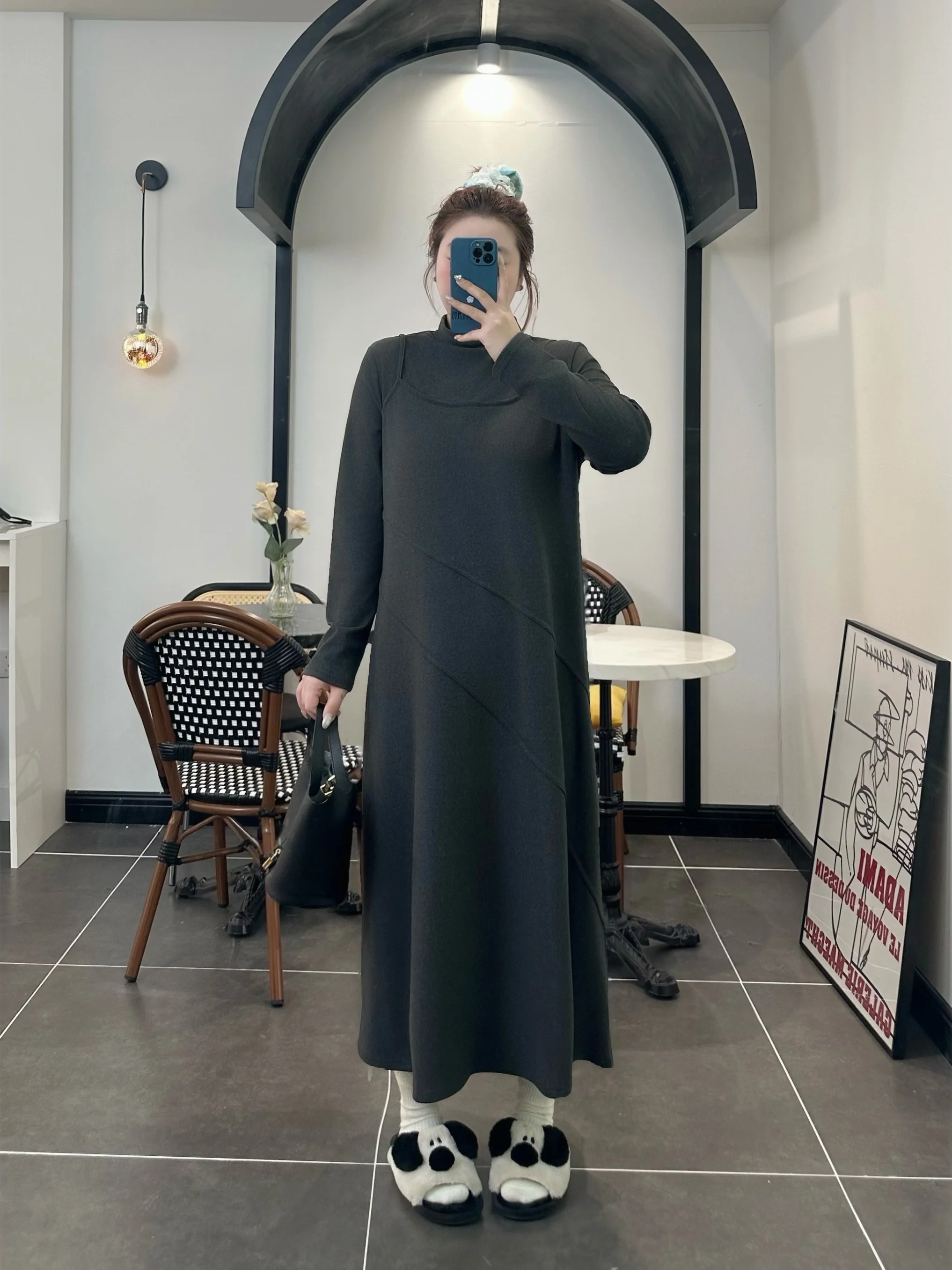 

plus Size Women's Casual Slimming Velvet Dress Thick Sister Spring Simple Stylish A-Line Skirt Long Sleeve Full-Length Dress