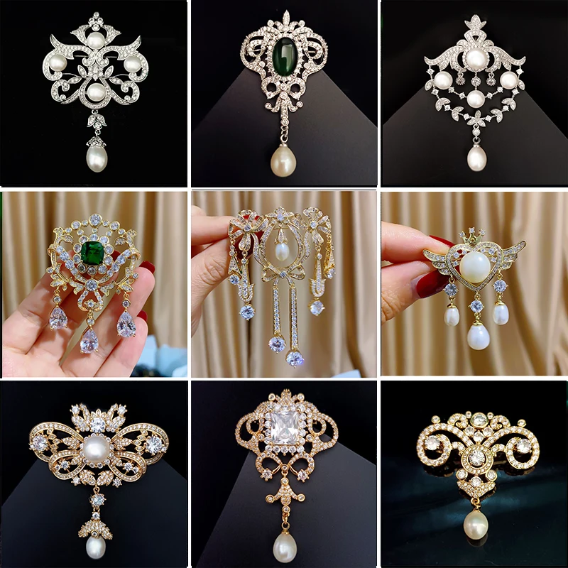 Vintage Temperament Natural Pearl Tassel Brooch for Woman Luxury Jewelry Elegant Geometric Palace Style Zircon Corsage Broochpin