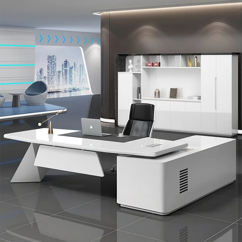 Home Office Study White Executive Desk Modern High-Gloss Lacquer Luxury Tech Boss Table Spacious Sturdy & Stylish