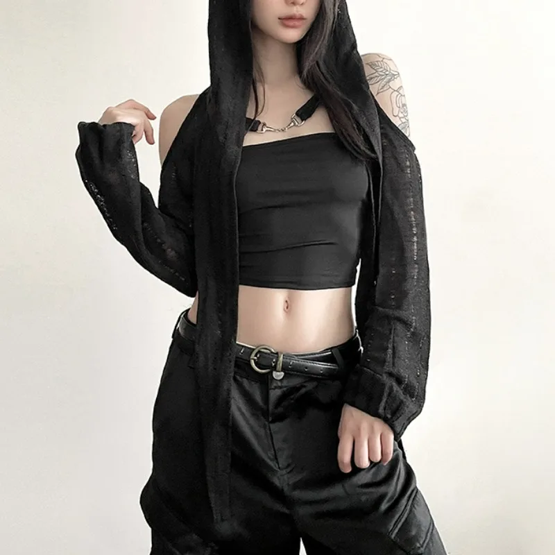 

Hooded Collar Hollow Out Off-shoulder Top Jacket Sexy Backless Design Sense Jaquetas Y2k Clothes Women Streetwear Chaquetas