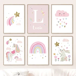 Baby Kids Room Decoration Pink Unicorn Rabbit Rainbow Clouds Flower Wall Art Canvas Painting Poster Print Wall Picture