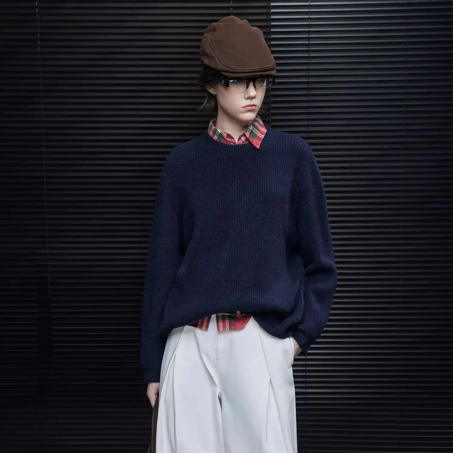 Navy blue loose round neck long sleeve cashmere sweater sweater new lazy wind high sense