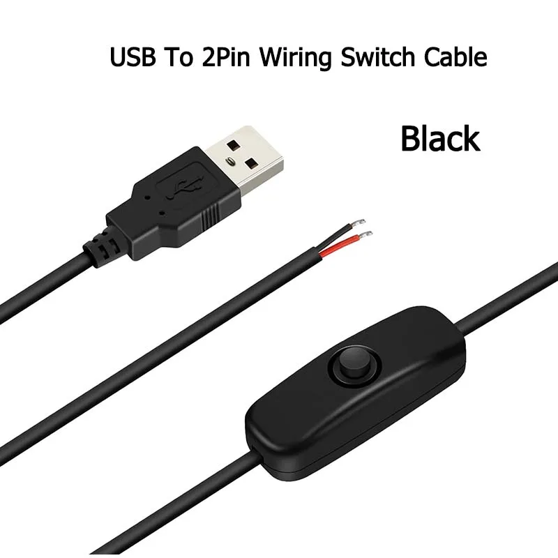 Cabo de alimentação para LED Strip, ligar e desligar botão interruptor, fio conector, branco, preto, USB para 2Pin, DC 5V, 2A, 1Pc