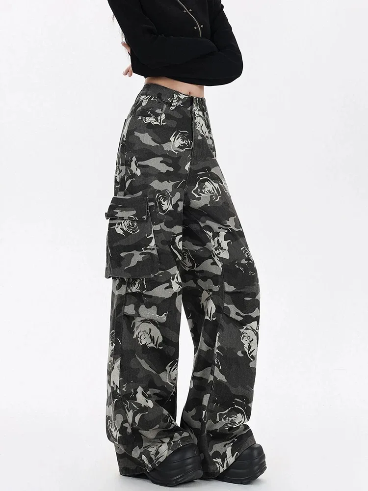 Pantaloni da donna vintage streetwear stile casual rosa mimetici cargo jeans mimetici pantaloni lunghi larghi a gamba larga