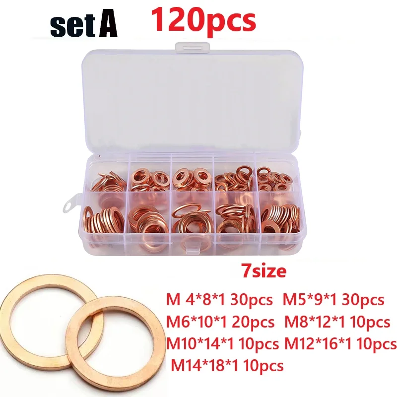 50/100/120/150pcs Copper Flat Washer Gasket Set Flat Ring Seal Assortment Kit With Box For Industrial Household Appliances