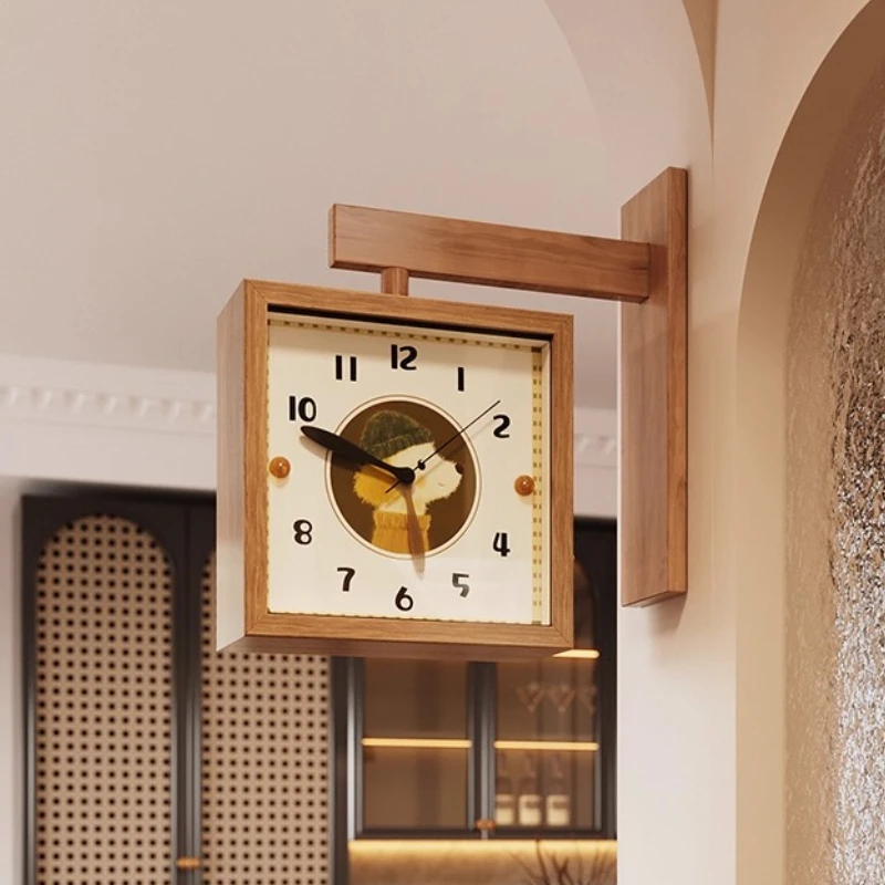 

Solid Wood Corner Clock Scandinavian Timber Wall Decor Double-Sided Natural Wood Timepiece Space-Saving Living Room Wall Clocks