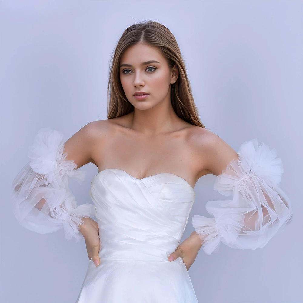 فستان زفاف بأكمام العروس، أكمام شبكية على شكل زهرة يغطي الذراع بدون حمالات، إكسسوارات الزفاف