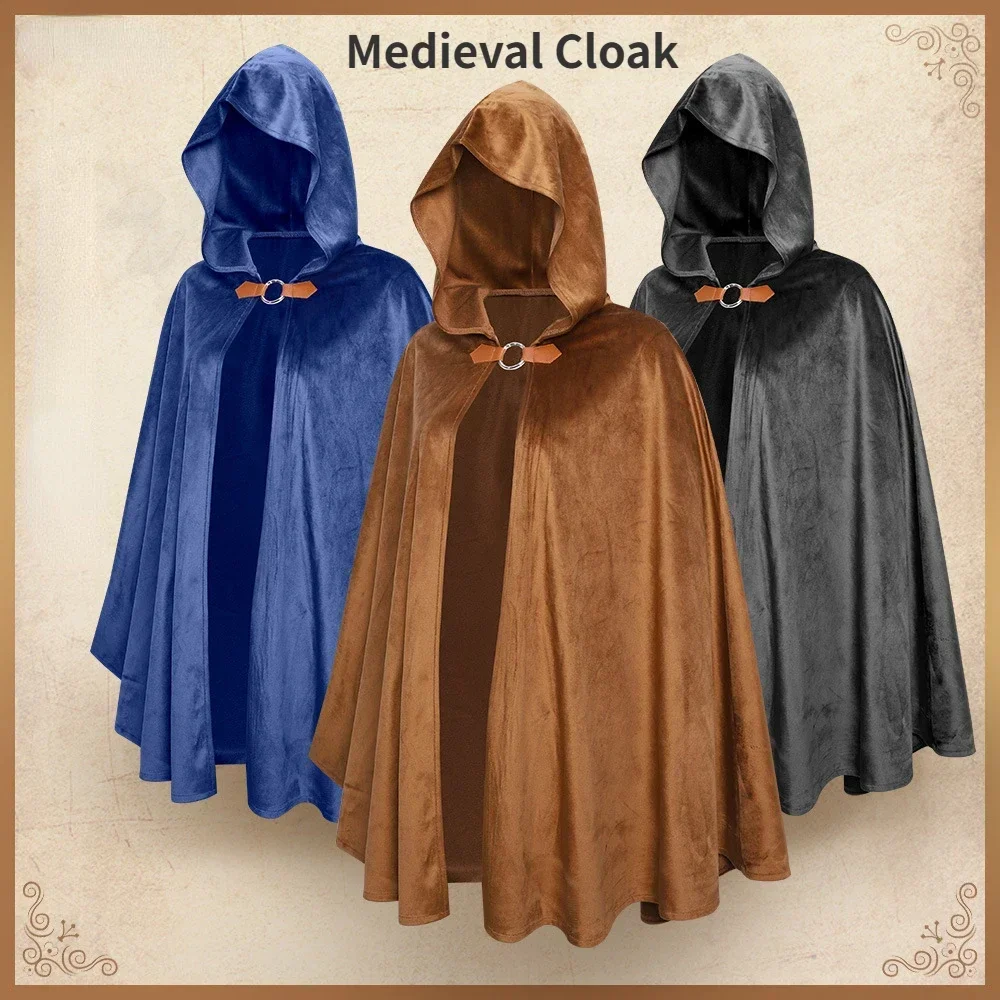 

Girls Boys Medieval Vintage Brown Cloak Hooded Long Suede Retro Cape Halloween Party Clothing Middle Ages Blue Cosplay Costume