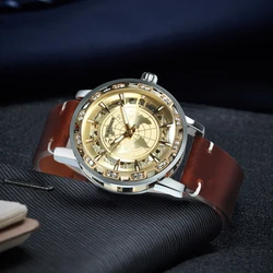 WINNER Classic Iced Out Skeleton Mechanical Watches Luminous Hands Luxury Gold Watch for Men Vintage Brown Leather Strap Clock