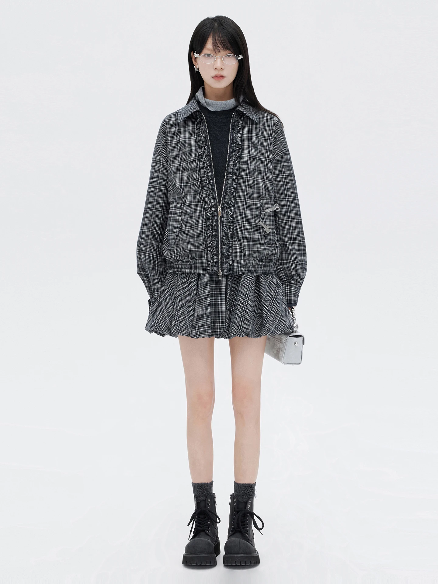 

Heavyweight 34g TR Color Woven Plaid Long Sve Coat with Ruffle Hem ort Skirt k Blue Spring Set for Women Casual Sle