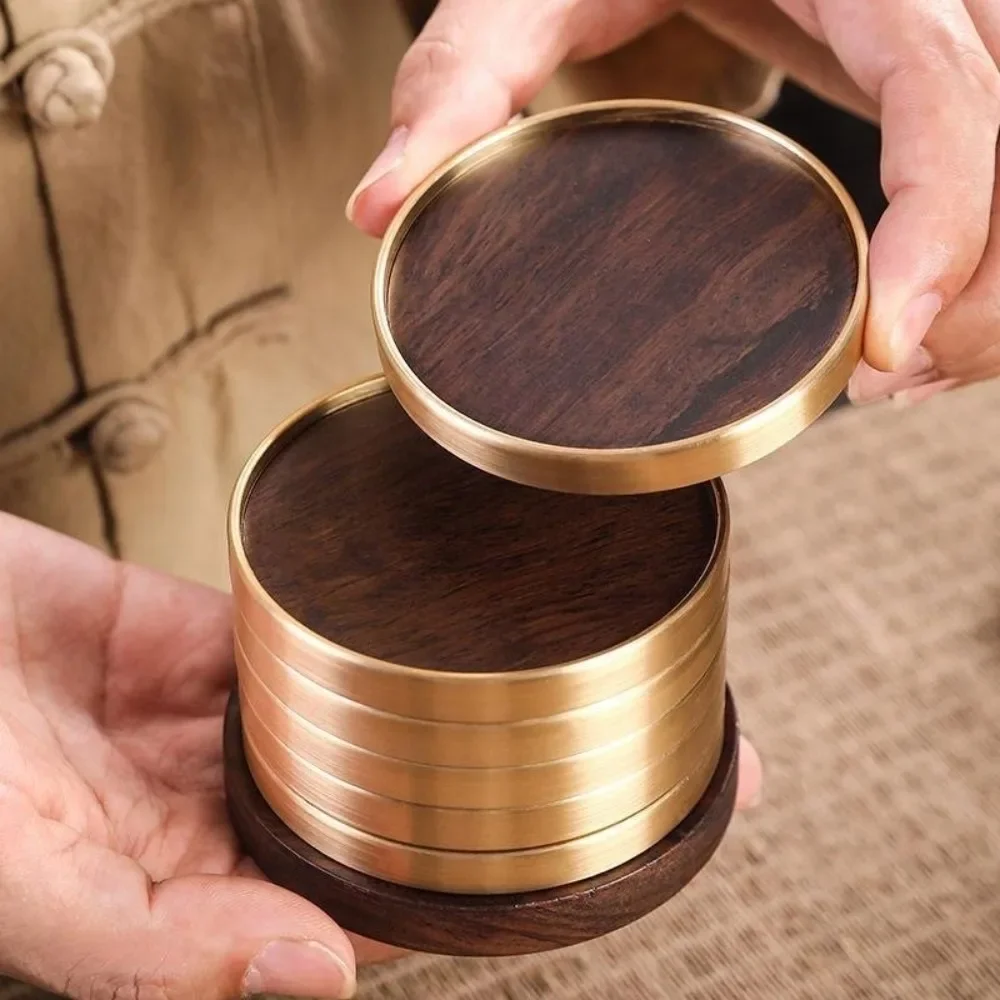 Home Ornaments Ebony Solid Wood Coaster Non-slip Heat Resistant Tea Cup Holder Anti Scalding Brass Wood Round Mat Office