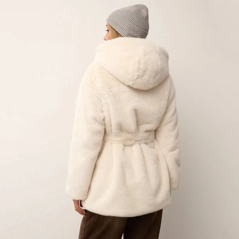 Women's Winter Fur Coat 2026 Hooded Causal Faux Fur Jacket New Warm Thick Outerwear Fashion Lady Fluffy Fur Coat with Belt