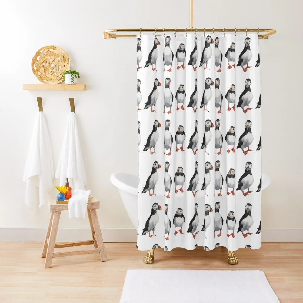 

4 Puffins in a Line Shower Curtain Waterproof Fabric Shower Anime Bathroom Elegant Bathroom For Bathrooms Curtain