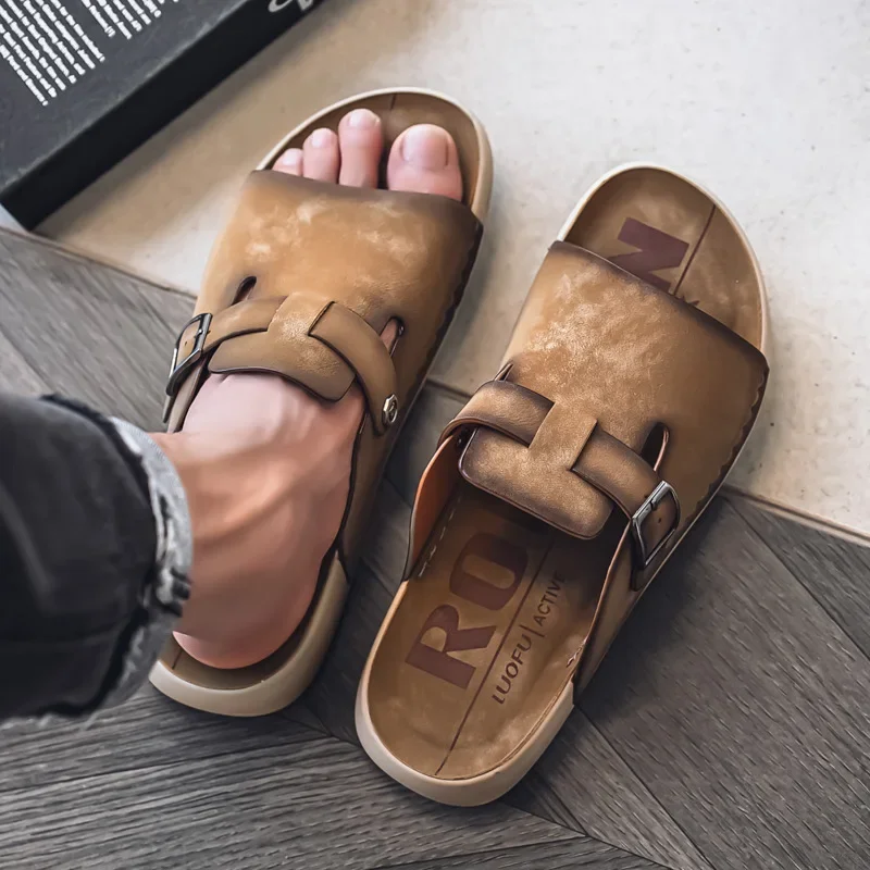 

2025 Summer Men Shoes Fashion Leather Slippers Street Cool Casual Birken Slides Comfortable Beach Shoes