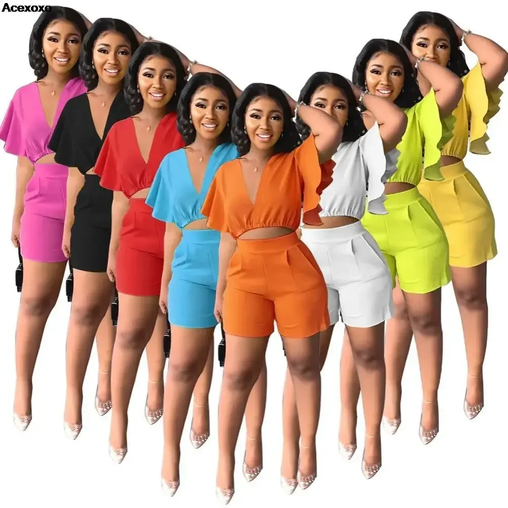 

Summer new women's casual fashion solid color V-neck shirt shorts multi-color two-piece set