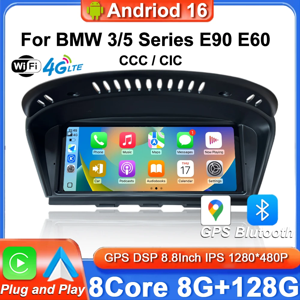 8,8 "Android Auto CarPlay mods bmw e91 para BMW 5 Series E60 E61 E62 E63 BMW Serie 3 E90 E91 E92 E92 E93 CCC CIC Radio GPS para coche
