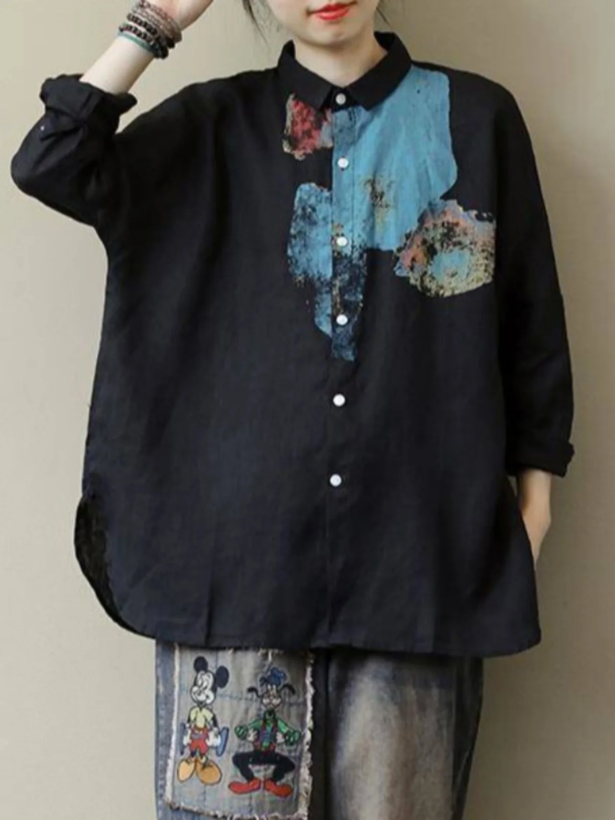 Top con bottoni larghi e vestibilità ampia con colletto casual versatile da donna in cotone e lino con stampa artistica giapponese