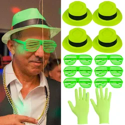 8pcs Shutter Shades Glasses Green Neon Hats Fluorescent Gloves 80s Retro Theme Birthday Decorations Glow Party Supplies Props