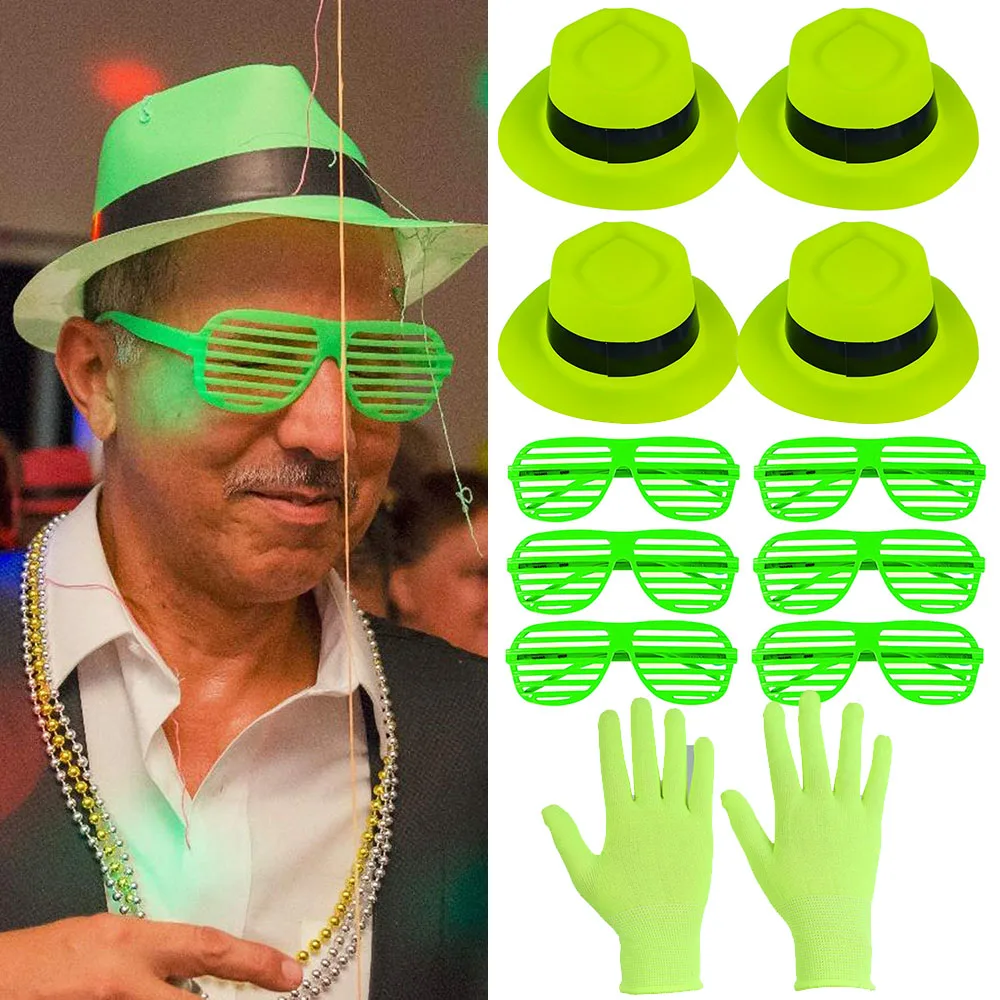 8pcs Shutter Shades Glasses Green Neon Hats Fluorescent Gloves 80s Retro Theme Birthday Decorations Glow Party Supplies Props