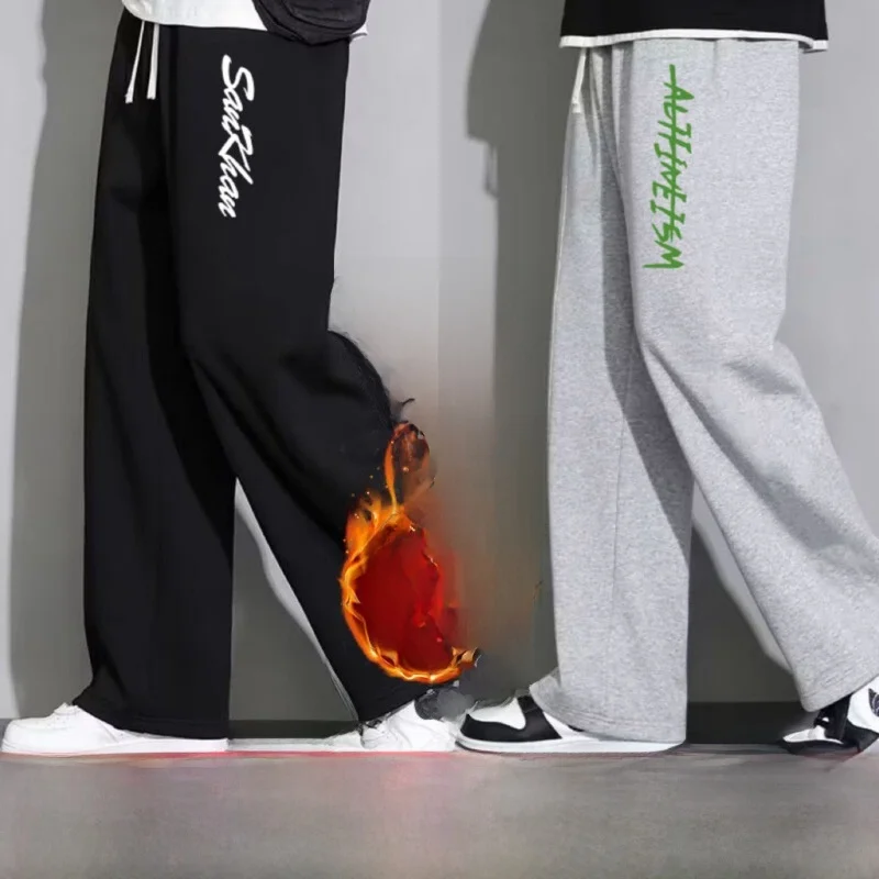 

Men's Fce Lined Sports Sweatpants Casual Loose Fit Printed Elastic Straight Leg Long Trousers Winter Warm Comfortable Pants