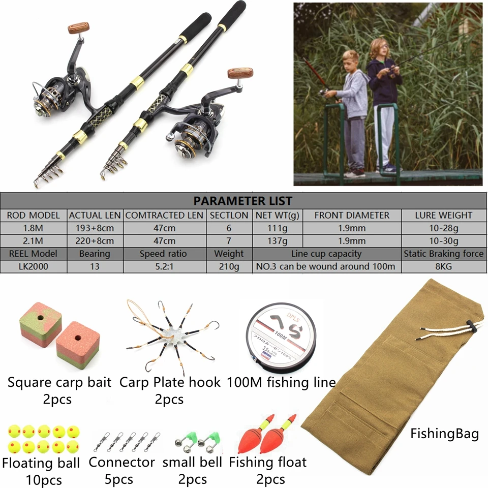 NEW 1.8m 2.1m Travel Carp Fishing Rod Set Spinning Rod and Spinning Reel Lures Line Hook Fishing Tackle Bag Feeder Fishing