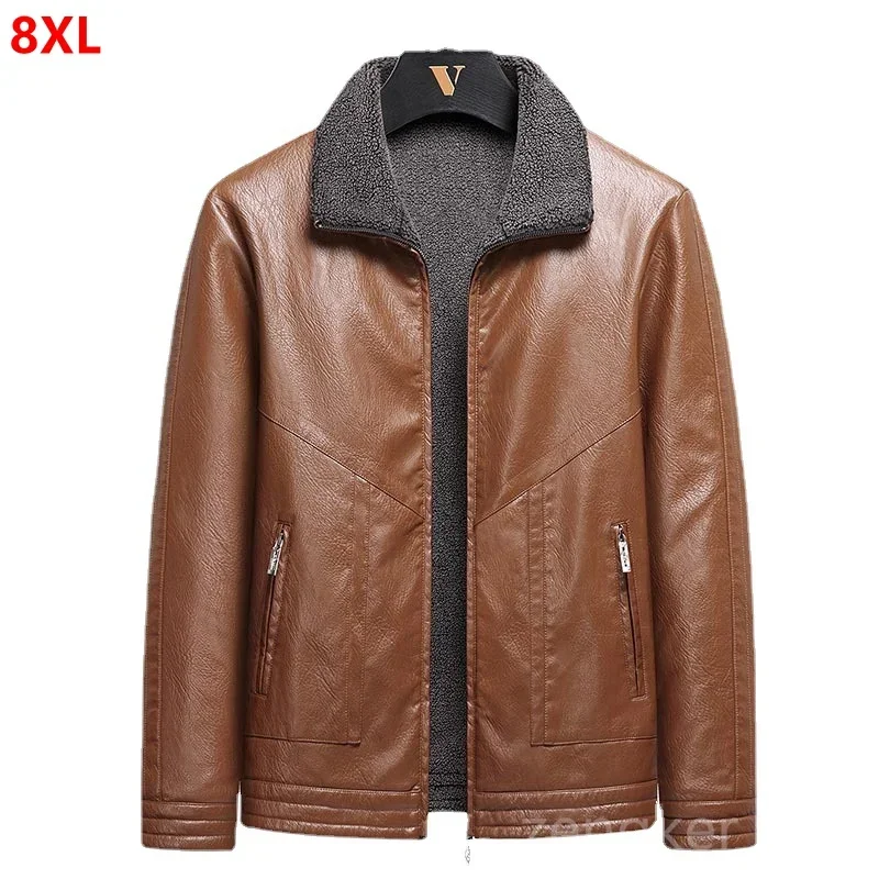 Large size PU leather jacket men's autumn winter fleece thick jacket trend handsome casual loose rainproof large size coat 8XL