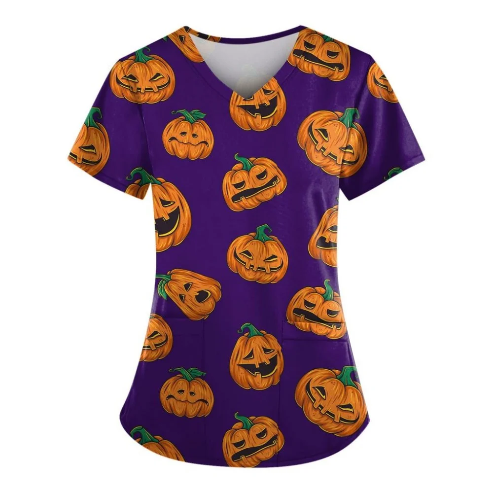 Women's Medical Uniform Halloween Cartoon Print Health Care Nursing Tops Casual Microelastic Short Sleeve Clinical Uniform Woman