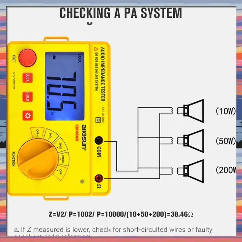 

AFBC All Sun EM480B Тестер аудио импеданса 1 кГц Функция таймера Удержание данных Тестовые диапазоны 20/200/2000