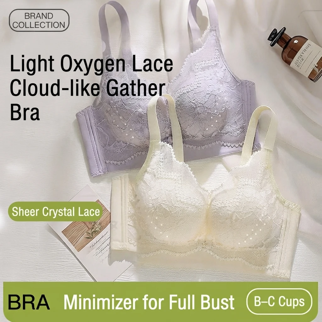 Women Lace Bra Wireless Push Up Gather Full Cup Anti Sagging Minimizer Comfortable Breathable Adjustable Thin Summer Underwear