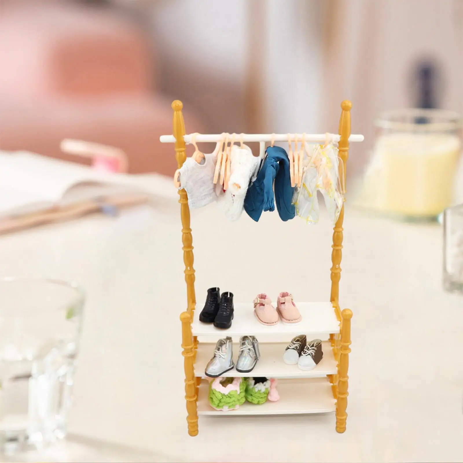 

1:12 1:6 Dollhouse Miniature Model Coat Rack Shoe Bench Scenery Supplies with 10 Coat Hangers for Home Living Room Ornaments