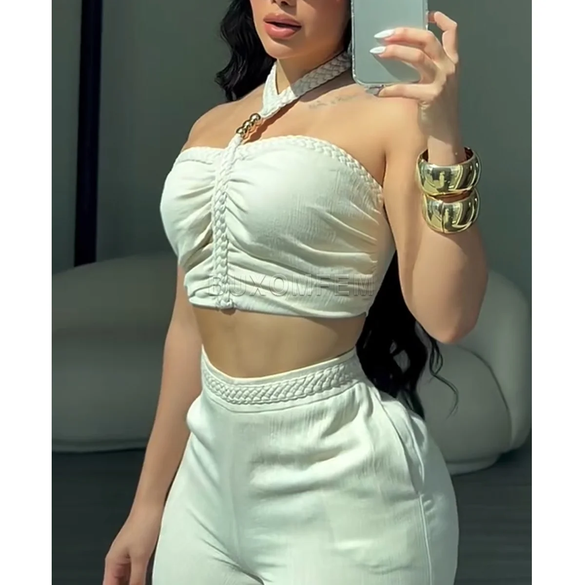 Two Piece Woven Strapless & Trimmed Flared Pants Set Women's Fashion Jumpsuits Streetwear Outfit Stylish Evening Party Clothings view 2